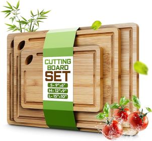 Bamboo Cutting Board Set of 3 (15x10, 12x9, 9x6) â€“ Extra-Thick, Deep Juice Groove Wood Cutting Boards â€“ Knife-Friendly for Kitchen Prep